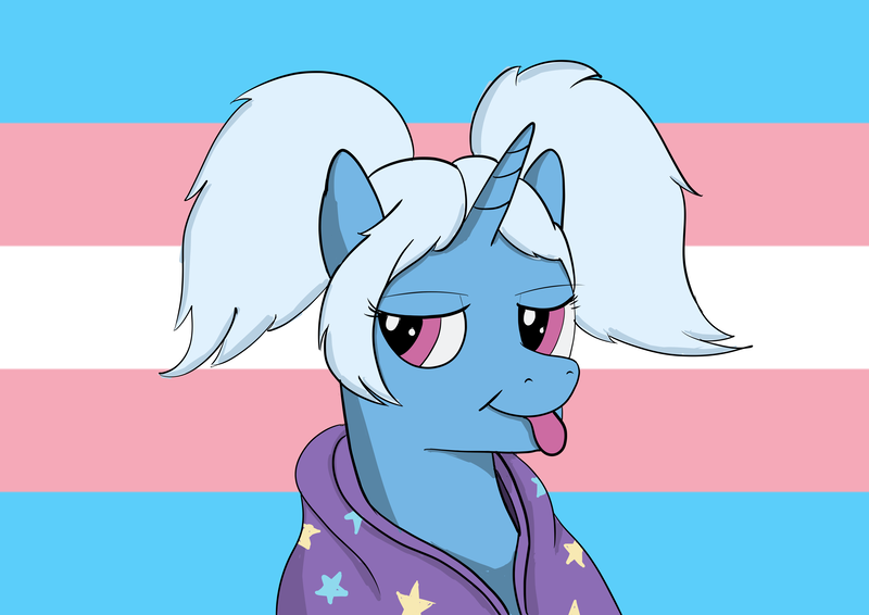 Size: 7016x4961 | Tagged: safe, artist:viren, derpibooru import, trixie, pony, alternate hairstyle, babysitter trixie, clothes, hoodie, image, pigtails, png, pride, pride flag, solo, tongue out, trans trixie, transgender, transgender pride flag