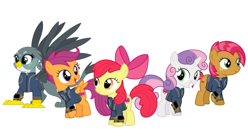 Size: 5360x3008 | Tagged: safe, artist:concordisparate, artist:dashiesparkle, artist:luckreza8, artist:ponygamer2020, artist:sonofaskywalker, derpibooru import, apple bloom, babs seed, gabby, scootaloo, sweetie belle, earth pony, gryphon, pegasus, pony, unicorn, fallout equestria, one bad apple, the fault in our cutie marks, absurd resolution, adorababs, adorabloom, apple bloom's bow, bow, clothes, cute, cutealoo, cutie mark, cutie mark crusaders, diasweetes, fallout, female, filly, gabbybetes, group, hair bow, happy, image, jumpsuit, pipboy, png, simple background, smiling, the cmc's cutie marks, transparent background, vault suit, vector