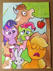 Size: 749x999 | Tagged: safe, artist:shuffle001, derpibooru import, applejack, pinkie pie, rainbow dash, twilight sparkle, winona, cow, dog, earth pony, pegasus, pony, rabbit, unicorn, worm, applebuck season, animal, apple, applejack's hat, baked bads, collar, cowboy hat, exhausted, eyes closed, falling, flying, food, green face, hat, image, jpeg, muffin, rainbow, shocked, shocked expression, sick, trading card, tree, twilight is not amused, unamused, unicorn twilight, yawn