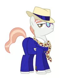 Size: 1869x2160 | Tagged: safe, artist:mylittlepastafarian, derpibooru import, svengallop, earth pony, pony, alternate hairstyle, clothes, fedora, glasses, hat, image, jpeg, male, pants, pinstripes, scarf, shirt, simple background, solo, stallion, suit, white background