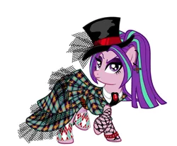 Size: 2583x2127 | Tagged: safe, artist:mylittlepastafarian, derpibooru import, aria blaze, ponified, earth pony, pony, bracelet, clothes, disguise, disguised siren, dress, ear piercing, earring, equestria girls ponified, female, fishnets, gem, hat, image, jewelry, jpeg, leg warmers, mare, piercing, raised hoof, shirt, simple background, siren gem, solo, spiked wristband, top hat, white background, wristband