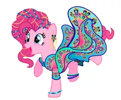 Size: 2373x1968 | Tagged: safe, artist:mylittlepastafarian, derpibooru import, pinkie pie, earth pony, pony, alternate hairstyle, anklet, bracelet, clothes, dress, ear piercing, earring, female, image, jewelry, jpeg, mare, open mouth, piercing, raised hoof, raised leg, simple background, solo, white background
