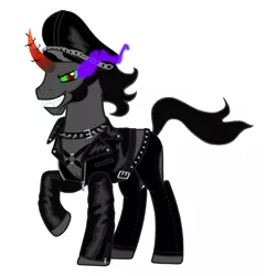 Size: 2232x2319 | Tagged: safe, artist:mylittlepastafarian, derpibooru import, king sombra, pony, unicorn, belt, clothes, collar, evil grin, grin, hat, high res, image, jacket, jpeg, leather jacket, leather pants, looking at you, male, one hoof raised, pants, simple background, smiling, smiling at you, solo, spiked collar, stallion, white background