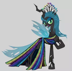 Size: 3424x3404 | Tagged: safe, artist:mylittlepastafarian, derpibooru import, queen chrysalis, changeling, changeling queen, alternate hairstyle, bracelet, clothes, crown, dress, eyeshadow, female, gray background, high res, hoof on chest, image, jewelry, jpeg, lidded eyes, looking at you, makeup, open mouth, open smile, raised hoof, regalia, simple background, smiling, smiling at you, solo