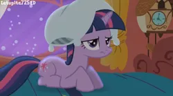 Size: 1280x714 | Tagged: safe, derpibooru import, screencap, twilight sparkle, pony, unicorn, friendship is magic, bed, bedroom, clock, female, golden oaks library, image, insomnia, library, mare, night, pillow, pillow hat, png, solo, solo female, stars, twilight is not amused, unamused, unicorn twilight
