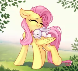 Size: 2768x2532 | Tagged: safe, artist:taneysha, derpibooru import, angel bunny, fluttershy, pegasus, pony, rabbit, angelbetes, animal, cute, duo, eyes closed, female, fluttermom, grass, grass field, image, jpeg, leaves, mare, shyabetes, smiling, wings