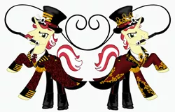 Size: 4443x2864 | Tagged: safe, artist:mylittlepastafarian, derpibooru import, flam, flim, pony, unicorn, 1000 years in photoshop, boots, brothers, clothes, coat, duo, duo male, facial hair, flim flam brothers, grin, hat, high res, image, jpeg, looking at you, male, moustache, necktie, pants, shirt, shoes, siblings, simple background, smiling, smiling at you, stallion, tearing, top hat, twins, whip, white background