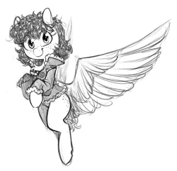Size: 1602x1544 | Tagged: safe, artist:whydomenhavenipples, ponybooru import, oc, unofficial characters only, pegasus, pony, butt freckles, clothes, eye clipping through hair, female, flying, freckles, image, jacket, looking at you, mare, monochrome, png, simple background, sketch, smiling, solo, spread wings, white background, wings