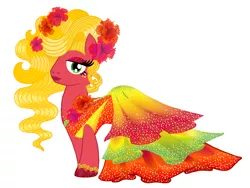 Size: 3660x2748 | Tagged: safe, artist:mylittlepastafarian, derpibooru import, big macintosh, earth pony, pony, alternate hairstyle, big femboyintosh, clothes, crossdressing, drag queen, dress, eyeshadow, flower, flower in hair, freckles, high res, image, jpeg, lipstick, makeup, male, orchard blossom, simple background, solo, stallion, white background