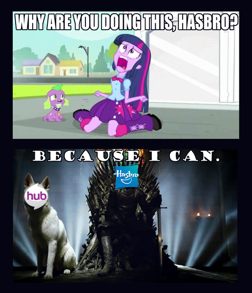 Size: 1187x1380 | Tagged: safe, derpibooru import, screencap, spike, twilight sparkle, dog, equestria girls, equestria girls (movie), caption, exploitable meme, hasbro logo, hub logo, image, jpeg, meme, spike the dog, text, twiscream