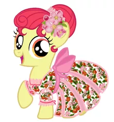 Size: 1086x1156 | Tagged: safe, artist:mylittlepastafarian, derpibooru import, apple bloom, earth pony, pony, alternate hairstyle, clothes, dress, ear piercing, earring, female, filly, flower, flower in hair, image, jewelry, jpeg, open mouth, piercing, raised hoof, simple background, solo, white background