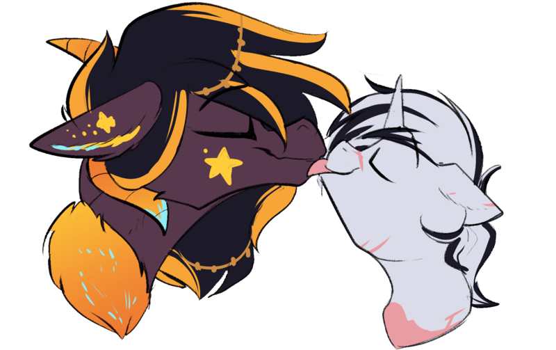 Size: 1700x1069 | Tagged: safe, artist:beardie, derpibooru import, oc, oc:season's greetings, oc:yiazmat, draconequus, unicorn, bust, couple, draconequus oc, female, horn, image, kissing, male, png, shipping, unicorn oc