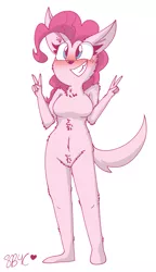 Size: 843x1462 | Tagged: suggestive, artist:snuggleb4cuddle, derpibooru import, pinkie pie, anthro, wolf, female, furry, image, png, simple background, solo, species swap