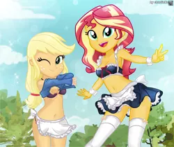 Size: 1144x972 | Tagged: suggestive, artist:charliexe, derpibooru import, applejack, sunset shimmer, equestria girls, apron, armpits, belly button, bra, clothes, duo, duo female, female, females only, freckles, image, jpeg, looking at you, maid, one eye closed, open mouth, open smile, shirt, skirt, smiling, smiling at you, socks, stockings, thigh highs, tree, underwear, undressing, wink, winking at you