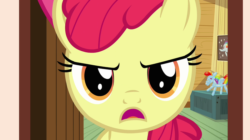 Size: 1280x720 | Tagged: safe, derpibooru import, screencap, apple bloom, rainbow dash, earth pony, pony, just for sidekicks, season 3, apple bloom is not amused, balloon rainbow dash, bust, female, filly, frown, image, looking at you, narrowed eyes, open mouth, png, portrait, solo, talking, treehouse, unamused
