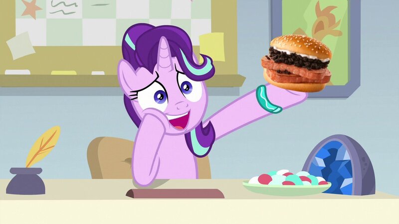 Size: 1280x720 | Tagged: safe, artist:heyitshayburgers, derpibooru import, edit, edited screencap, screencap, starlight glimmer, unicorn, student counsel, image, jpeg, solo, spam oreo burger