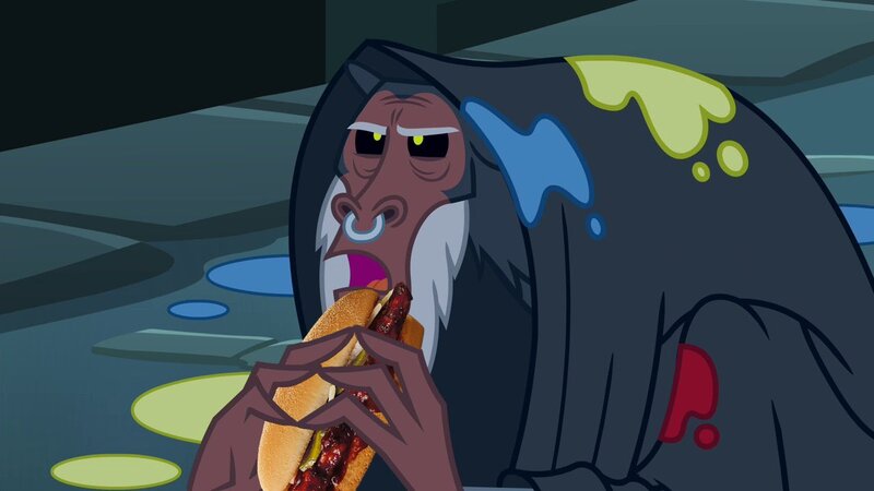 Size: 1280x720 | Tagged: safe, artist:heyitshayburgers, derpibooru import, edit, edited screencap, screencap, lord tirek, twilight's kingdom, eating, food, image, jpeg, mcrib, solo