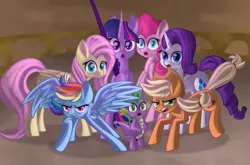 Size: 2696x1778 | Tagged: safe, artist:fallsplash, derpibooru import, applejack, fluttershy, pinkie pie, rainbow dash, rarity, spike, twilight sparkle, twilight sparkle (alicorn), alicorn, dragon, earth pony, pegasus, pony, unicorn, my little pony: the movie, applejack's hat, cowboy hat, female, gritted teeth, hat, high res, image, male, mane seven, mane six, mare, open mouth, png, scene interpretation, staff, staff of sacanas