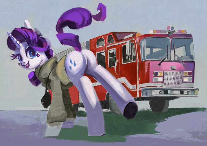Size: 3508x2480 | Tagged: safe, artist:toisanemoif, derpibooru import, rarity, pony, unicorn, butt, dock, female, fire engine, firefighter, giantess, high res, image, jpeg, looking at you, looking back, looking back at you, macro, mare, open mouth, open smile, plot, rearity, smiling, smiling at you, solo