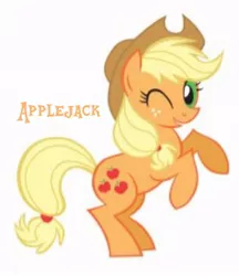 Size: 720x834 | Tagged: safe, artist:lauren faust, derpibooru import, applejack, earth pony, pony, 2009, applejack's hat, bipedal, cowboy hat, cropped, female, hat, image, jpeg, looking at you, needs more jpeg, one eye closed, rearing, show bible, simple background, solo, white background, wink, winking at you