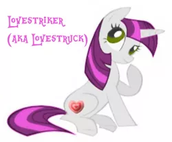 Size: 733x608 | Tagged: safe, artist:lauren faust, derpibooru import, edit, editor:pagiepoppie12345, lovestruck, oc, oc:lovestriker, pony, unicorn, heart, image, jpeg, looking up, needs more jpeg, recolor, simple background, sitting, smiling, solo, the power-up ponies, thinking, white background