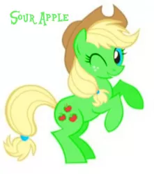 Size: 720x814 | Tagged: safe, artist:lauren faust, derpibooru import, edit, editor:pagiepoppie12345, oc, oc:sour apple, earth pony, pony, bipedal, cowboy hat, female, hat, image, jpeg, looking at you, needs more jpeg, not applejack, one eye closed, rearing, recolor, simple background, smiling, solo, the power-up ponies, white background, wink, winking at you