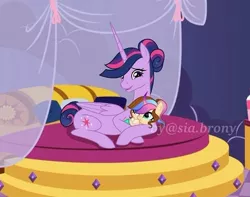 Size: 636x501 | Tagged: safe, artist:sia.brony, derpibooru import, twilight sparkle, twilight sparkle (alicorn), oc, oc:sia, alicorn, pony, alicorn oc, baby, baby pony, bed, duo, female, filly, hair bun, horn, image, indoors, jpeg, lying down, mare, mother and child, mother and daughter, offspring, parent:twilight sparkle, prone, smiling, tail bun, ultimate twilight, watermark, wings