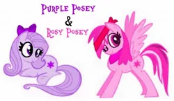 Size: 1230x720 | Tagged: safe, artist:lauren faust, derpibooru import, edit, editor:pagiepoppie12345, oc, oc:purple posey, oc:rosy posey, pegasus, pony, bandana, bow, fantasy class, female, hair bow, headband, image, jpeg, recolor, siblings, sisters, smiling, the power-up ponies, twins, warrior, wings