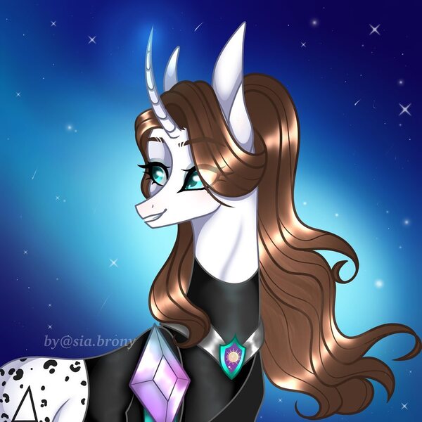 Size: 1000x1000 | Tagged: safe, artist:sia.brony, derpibooru import, oc, unofficial characters only, pony, unicorn, bust, clothes, curved horn, female, horn, image, jpeg, looking back, mare, smiling, solo, space, stars, unicorn oc