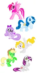 Size: 720x1393 | Tagged: safe, artist:lauren faust, derpibooru import, edit, editor:pagiepoppie12345, lovestruck, surprise, oc, oc:bluebell, oc:lovestriker, oc:purple posey, oc:rosy posey, oc:sour apple, earth pony, pegasus, pony, unicorn, bandana, blu-rarity, bow, cowboy hat, flower, flying, g4, hair bow, hat, headband, image, jpeg, looking up, one eye closed, rearing, recolor, simple background, smiling, the power-up ponies, thinking, white background, wings, wink