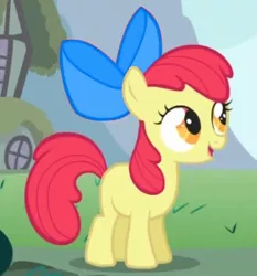 Size: 501x537 | Tagged: safe, derpibooru import, screencap, apple bloom, earth pony, pony, apple bloom's bow, bow, cropped, female, filly, hair bow, image, jpeg, recolor, smiling