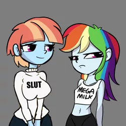Size: 3000x3000 | Tagged: suggestive, artist:tjpones, derpibooru import, edit, rainbow dash, windy whistles, equestria girls, belly button, boob socks, breasts, busty windy whistles, clothes, delicious flat chest, duo, duo female, equestria girls-ified, erect nipples, female, frown, gray background, high res, image, lidded eyes, looking away, mega milk, meme, midriff, milf, mother and child, mother and daughter, nipple outline, png, rainbow flat, simple background, slut shirt, small breasts, sweater, sweater puppies, turtleneck, wide hips