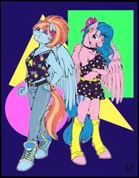 Size: 3029x3885 | Tagged: safe, artist:stormblaze-pegasus, derpibooru import, firefly, windy whistles, anthro, pegasus, unguligrade anthro, 80's fashion, abstract background, clothes, commission, dress, duo, duo female, ear piercing, earring, female, image, jeans, jewelry, leggings, necklace, one eye closed, pants, piercing, png, shoes, siblings, sisters, sneakers, tanktop, wink, younger