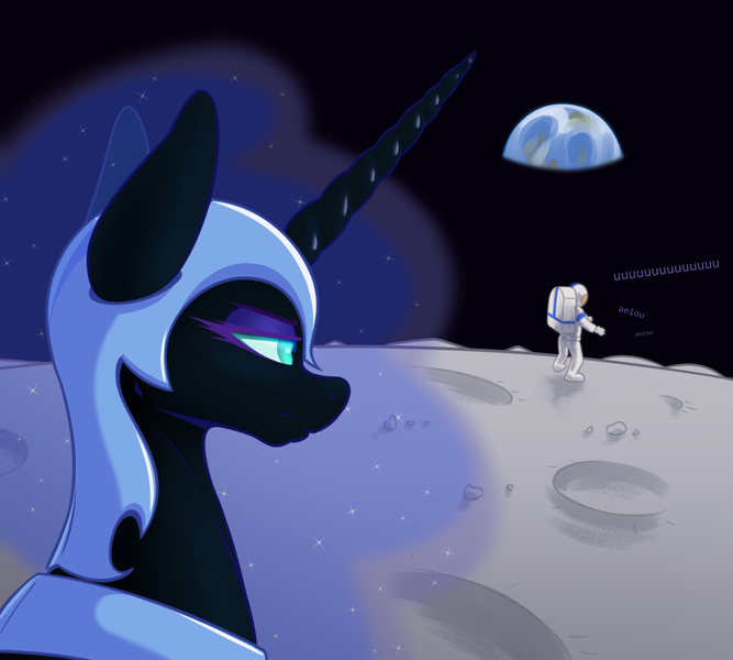 Size: 2000x1800 | Tagged: safe, artist:aquaticvibes, derpibooru import, nightmare moon, alicorn, human, pony, aeiou, astronaut, atg 2021, earth, female, image, luna and the nauts, mare, moon, newbie artist training grounds, planet, png, space, unamused