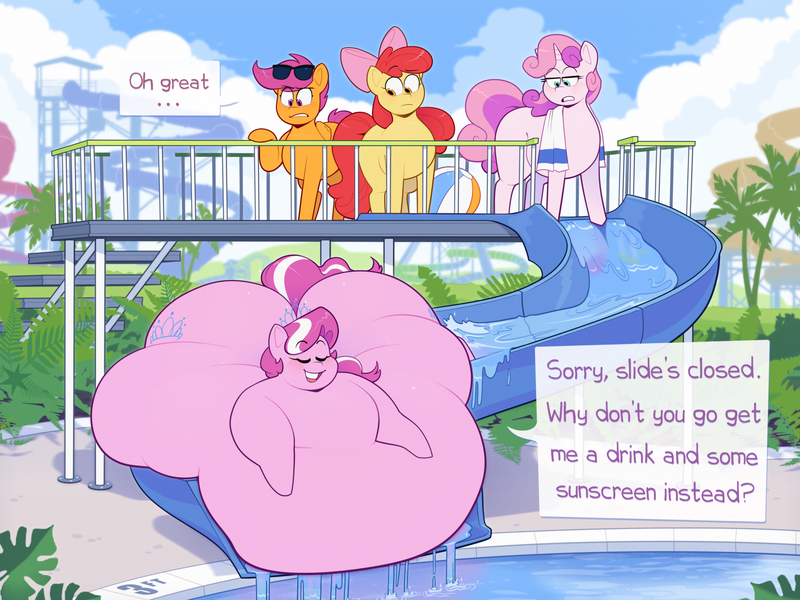 Size: 4000x3000 | Tagged: questionable, artist:secretgoombaman12345, derpibooru import, apple bloom, diamond tiara, scootaloo, sweetie belle, earth pony, pegasus, pony, unicorn, belly, belly bed, big belly, blob, butt, chubby diamond, colored, cutie mark crusaders, fat, female, filly, huge belly, huge butt, image, immobile, impossibly large belly, impossibly large butt, large butt, morbidly obese, obese, png, stuck, sunglasses, sweetie belle is not amused, swimming pool, the ass was too fat, towel, unamused, water park, water slide