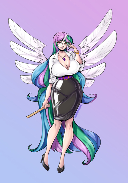Size: 699x1000 | Tagged: suggestive, artist:srasomeone, derpibooru import, princess celestia, alicorn, human, big breasts, blue background, breasts, busty princess celestia, cleavage, clothes, commission, curvy, fetish, glasses, gradient background, high heels, hourglass figure, huge breasts, humanized, image, jpeg, kinky, latex, latex dress, long hair, long tail, looking at you, purple background, roleplaying, rubber, ruler, shoes, simple background, skirt, smiling, spread wings, teacher, tight clothing, winged humanization, wings