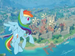 Size: 2000x1486 | Tagged: safe, artist:magnusmagnum, derpibooru import, rainbow dash, pegasus, pony, crossover, female, flying, genshin impact, image, mare, png, smiling, solo, wings