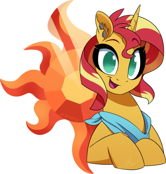 Size: 2207x2321 | Tagged: safe, artist:light262, derpibooru import, sunset shimmer, pony, unicorn, bandana, bust, cute, cutie mark, cutie mark background, ear fluff, ear piercing, female, image, leg fluff, looking at you, mare, no pupils, open mouth, piercing, png, shimmerbetes, solo