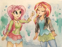 Size: 1280x965 | Tagged: safe, artist:astevenamedwolf, derpibooru import, fluttershy, sunset shimmer, equestria girls, friendship through the ages, blowing, clothes, dandelion, dress, duo, eyes closed, folk fluttershy, grass, image, jpeg, scene interpretation, traditional art