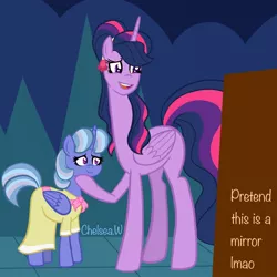 Size: 2000x2000 | Tagged: safe, artist:chelseawest, derpibooru import, twilight sparkle, oc, oc:azure star, alicorn, sweet and elite, the last problem, alicorn oc, birthday dress, clothes, descendant, dress, great grandmother, horn, image, jpeg, mirror, offspring, offspring's offspring, older, older twilight, parent:oc:blue belle, parent:oc:emerald spark, parents:oc x oc, princess twilight 2.0, twilight sparkle (alicorn), wings