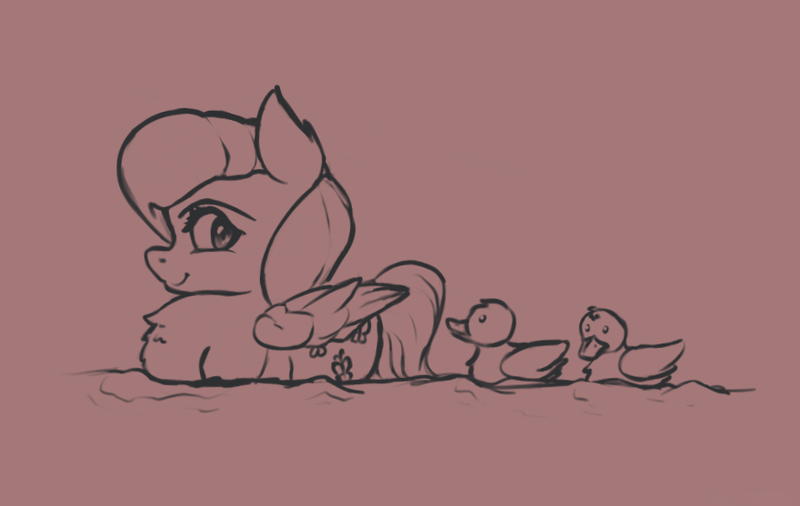 Size: 880x557 | Tagged: safe, artist:nookprint, derpibooru import, fluttershy, bird, bird pone, pegasus, pony, behaving like a bird, cute, duckling, image, monochrome, png, shyabetes, solo