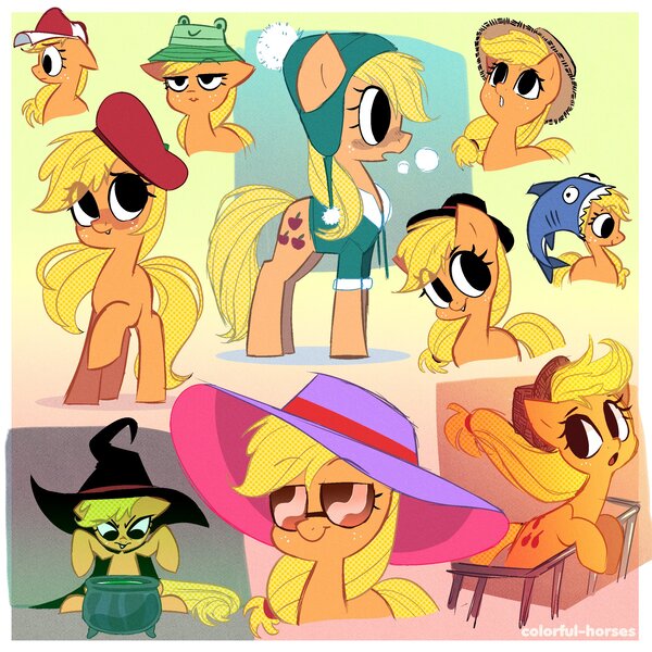 Size: 2500x2500 | Tagged: safe, artist:syrupyyy, applejack, earth pony, pony, animal costume, applejack's hat, beret, clothes, costume, cowboy hat, cute, female, hat, image, jpeg, simple background, solo, sunglasses, witch hat