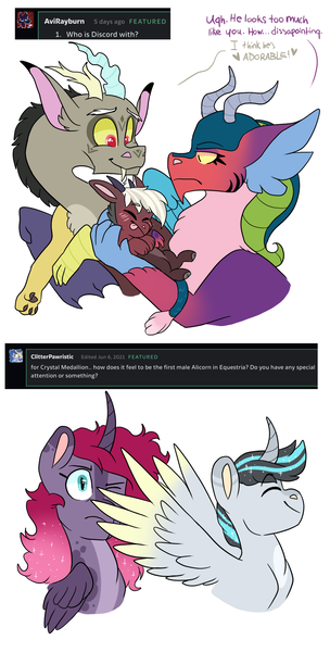 Size: 1328x2622 | Tagged: safe, artist:moccabliss, derpibooru import, cosmos (character), discord, oc, oc:aztec, oc:crystal medallion, oc:moonstone apogee, alicorn, draconequus, pony, ask, baby, coscord, cousins, draconequus oc, ethereal mane, family, female, image, magical threesome spawn, male, mare, offspring, parent:cosmos, parent:discord, parent:flash sentry, parent:king sombra, parent:princess celestia, parent:princess luna, parent:tempest shadow, parents:celestibra, parents:coscord, png, shipping, simple background, spread wings, stallion, starry mane, straight, white background, wings