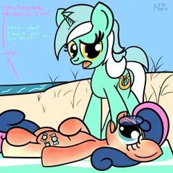 Size: 1999x1999 | Tagged: safe, artist:dafiltafish, derpibooru import, bon bon, lyra heartstrings, sweetie drops, earth pony, pony, unicorn, beach, crying, dialogue, female, hoof on belly, image, implied lesbian, lesbian, lyrabon, mare, png, shipping, sunburn, sunglasses, tears of pain, teary eyes, towel