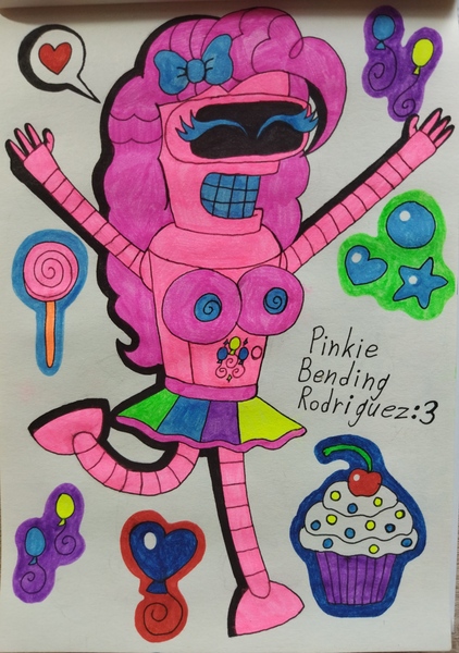Size: 2762x3931 | Tagged: safe, artist:angelinethefox, derpibooru import, pinkie pie, robot, bender bending rodriguez, bow, clothes, crossover, cute, diapinkes, eyes closed, female, futurama, gel pen, grin, high res, image, jpeg, pinkie being pinkie, roboticization, skirt, smiling, solo, solo female, traditional art