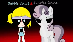 Size: 1479x846 | Tagged: grimdark, derpibooru import, sweetie belle, pony, unicorn, abstract background, black sclera, blood, bubble ghost, bubbles (powerpuff girls), creepypasta, crossover, evil, image, png, scratches, smiling, sweetie ghost, the powerpuff girls, zalgo