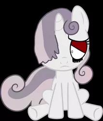 Size: 900x1056 | Tagged: semi-grimdark, derpibooru import, sweetie belle, pony, unicorn, one bad apple, .exe, black background, black goo, black tears, gray eyes, hair over one eye, image, jpeg, red eyeshadow, sadness, simple background, sitting, vector