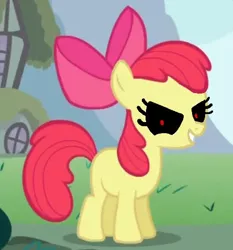 Size: 501x537 | Tagged: semi-grimdark, derpibooru import, edit, edited screencap, screencap, apple bloom, earth pony, pony, .exe, 1000 hours in ms paint, apple bloom's bow, black sclera, bow, evil, hair bow, image, jpeg, looking at you, red eyes, smiling, zalgo