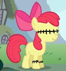 Size: 501x537 | Tagged: semi-grimdark, derpibooru import, edit, edited screencap, screencap, apple bloom, earth pony, pony, .exe, 1000 hours in ms paint, bow, female, hair bow, image, jpeg, smiling, solo, stitched eyes, stitches