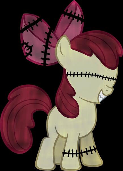 Size: 1939x2678 | Tagged: grimdark, derpibooru import, apple bloom, earth pony, pony, .exe, bow, desaturated, fangs, female, filly, hair bow, image, jpeg, smiling, stitched eyes, stitches
